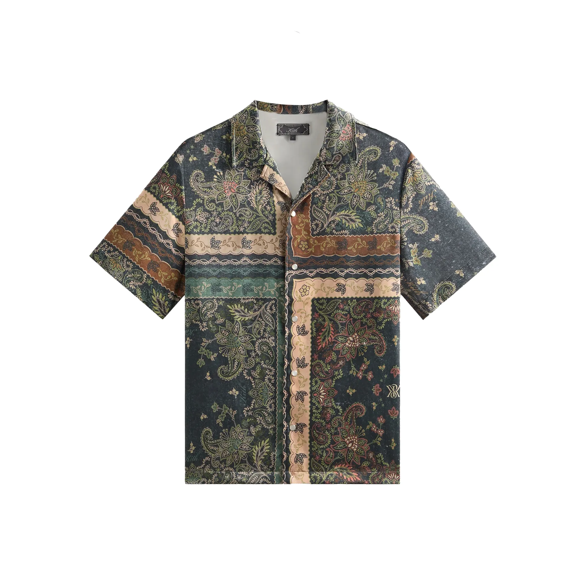 KITH Collaboration SS25 Панелированная Бандана Thompson CAMP Ожерелье-чокер Рубашка Мужской Яшма Апельсин