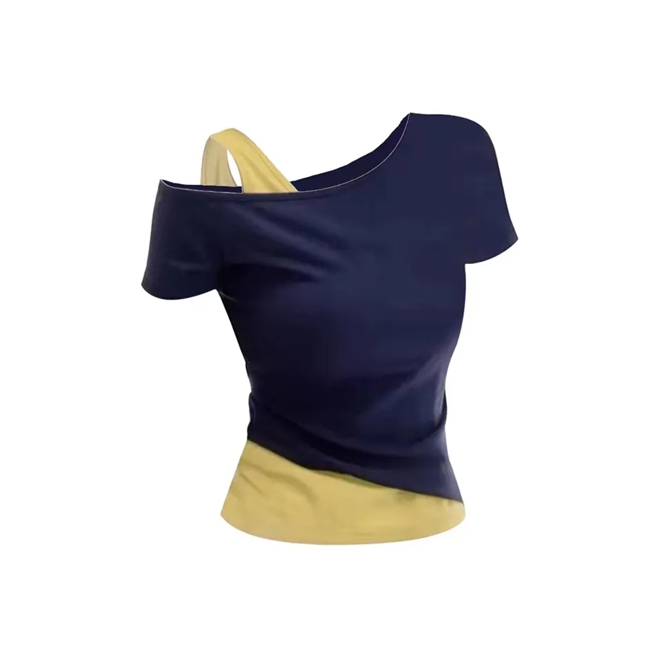 PZGE T Shirts Women's Navy Blue Collide Yellow