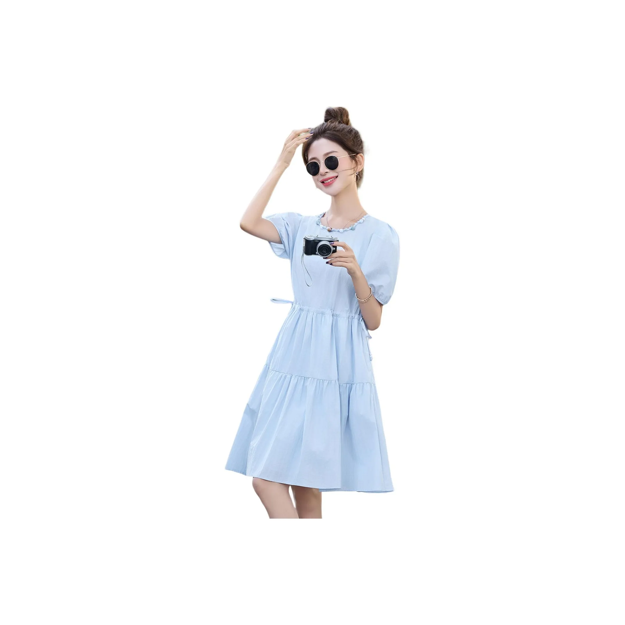 MJ Светло-синий Женские Короткие Платья с Короткими Рукавами