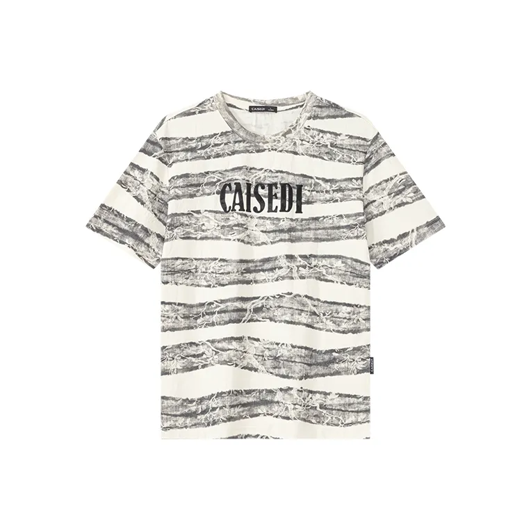 CAISEDI Серый Белый Полосатый Мужской T-Рубашка