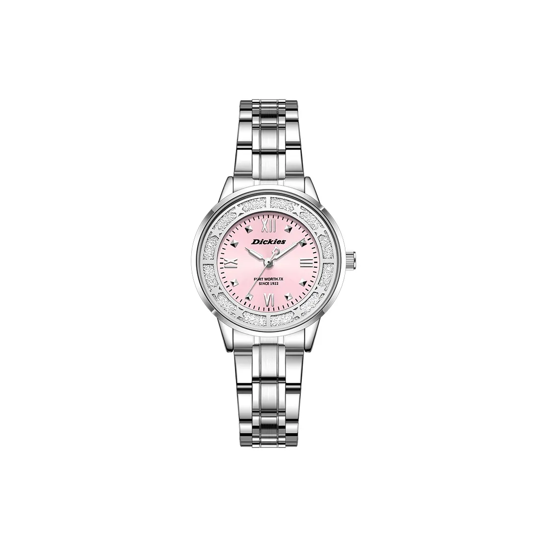 Dickies Наручные часы Кварцевый механизм Стальной ремешок Розовый циферблат Женские часы Коробка из белого золота