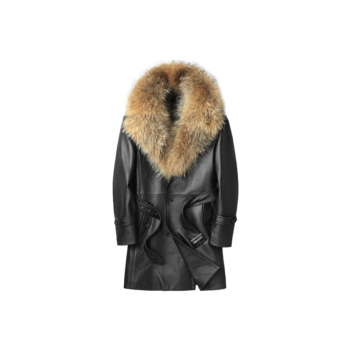 JIMU Черный шкура енотовидной собаки ошейник-галстук Мужская кожаная куртка