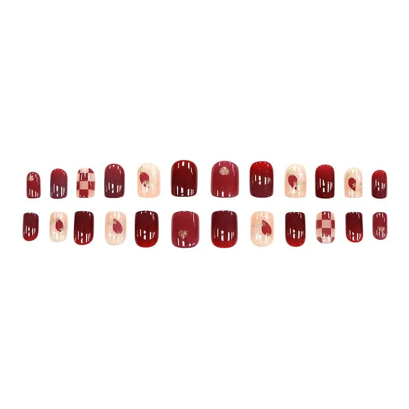 XUNQIANSE Шахматный узор Блестящий розовый Сердце False Nail Короткий Квадрат Короткий Круглый Квадрат Градиентный Смузи Клетчатый 24 шт коробка