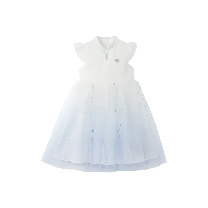 PAW IN PAW Cartoon Bear Сладкий стиль Элегантный Новый китайский стиль Марля Платье Синий Дети 3-7 лет