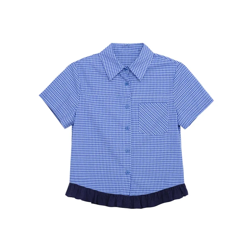 UNSPECIFIED Короткий рукав клетчатый с кружевными отделками рубашка женские