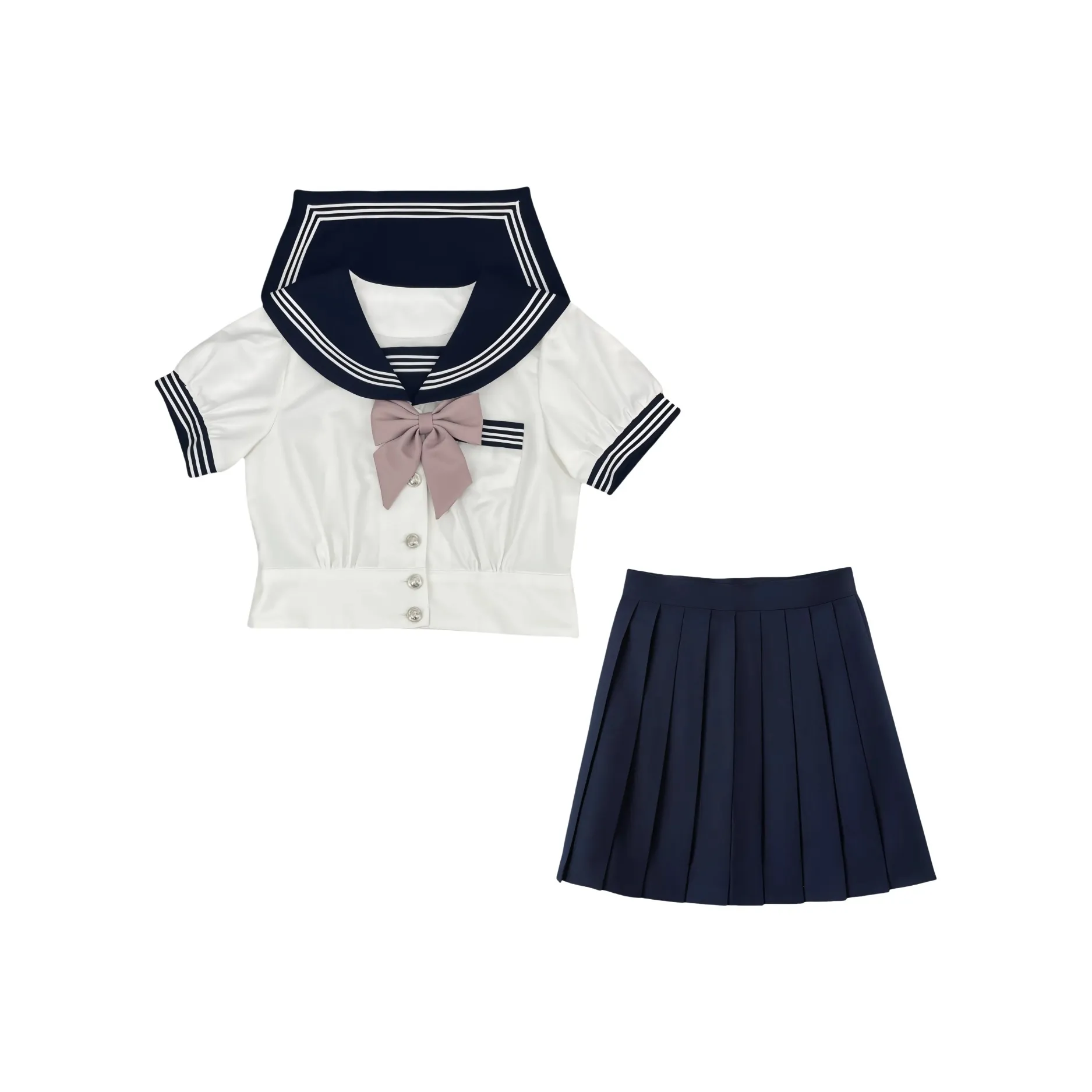 Shuhao Bai С утяжкой на талии Рукав буф Белый THREE Piece Короткий рукав + Дымчато-розовый Галстуки-бабочки + Темно-синий A Линия Короткая юбка Женская Униформа