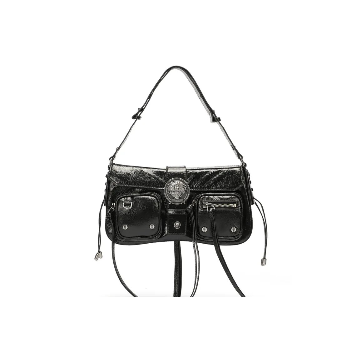 Ed Hardy Cow Leather Underarm Biker Bag, Shoulder Bag Medium Size Women's Black