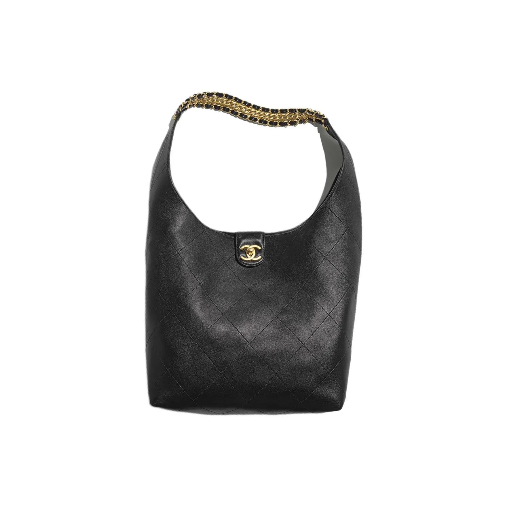 CHANEL Lambskin HOBO Bag, Underarm, Hippie Style Handbag, Shoulder Bag Tubas Women's Black