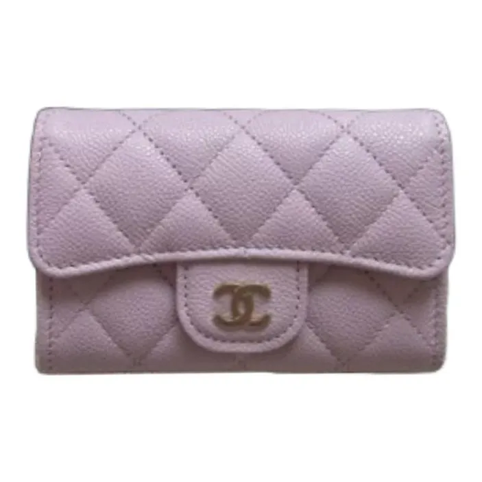 CHANEL Litchi Cow Leather Card Holder Women's Pink Purple