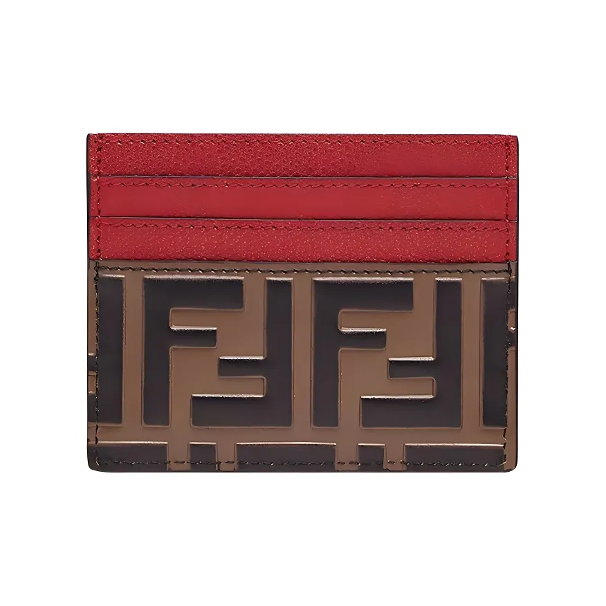 FENDI Calfskin Card Holder Women's Red & Brown