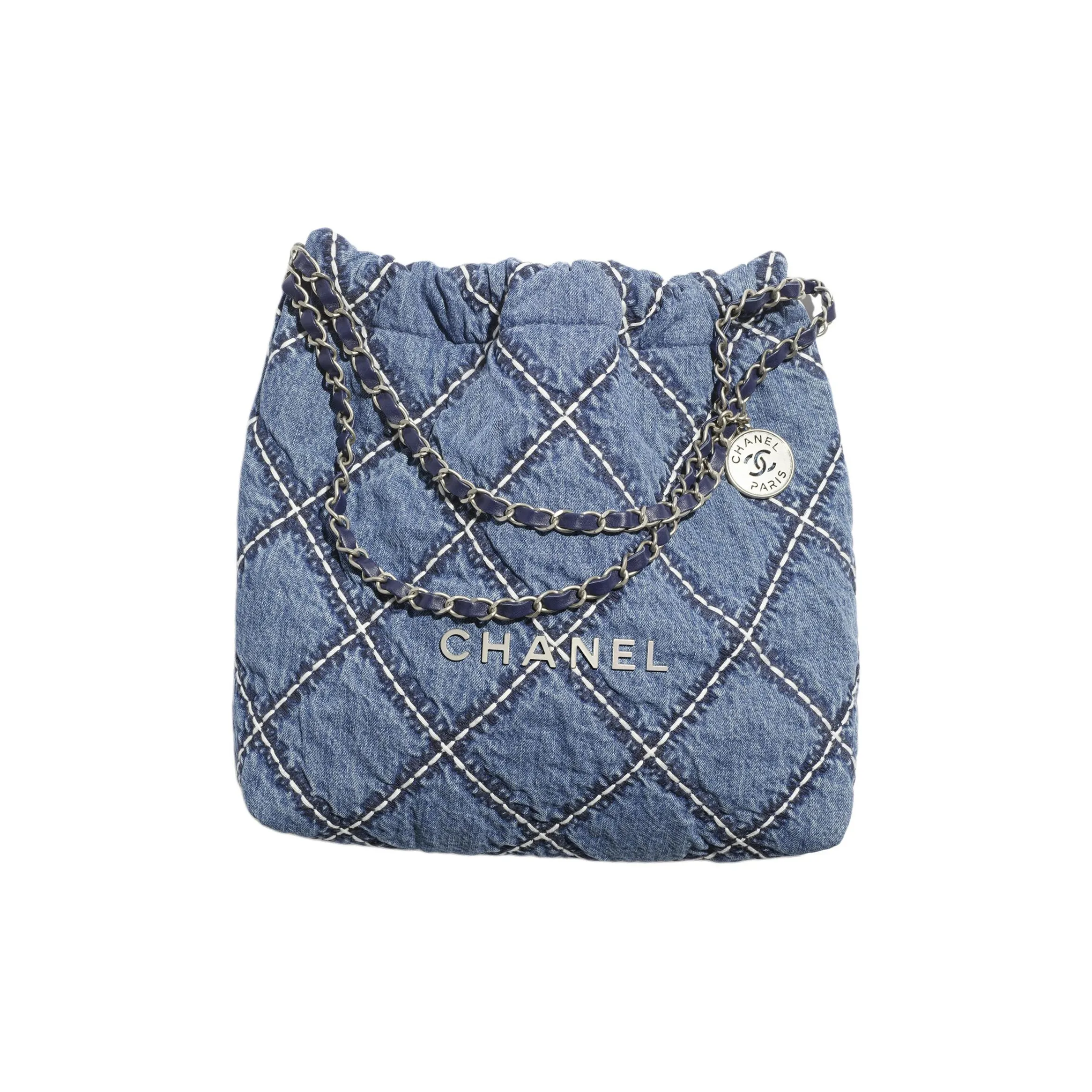 CHANEL 22Bag Denim & Metal Bucket Bags Crossbody Bag, Shoulder Bag Trumpets Women's Blue