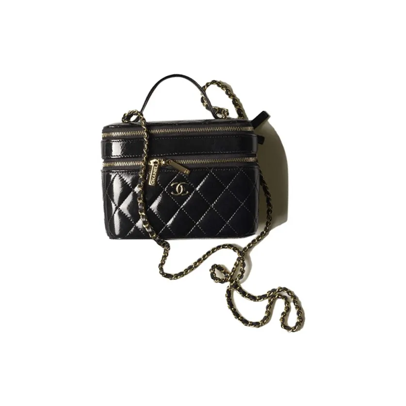 CHANEL Lambskin Portable One Shoulder Crossbody Makeup Bag Tubas Women's Black