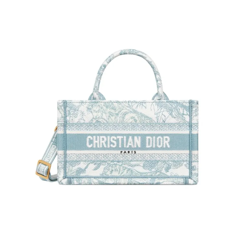 DIOR BookTote Cotton Tote Bag, Shopping Bag, Shoulder Bag, Crossbody Bag, Handbag Mini Women's White & Sky Blue