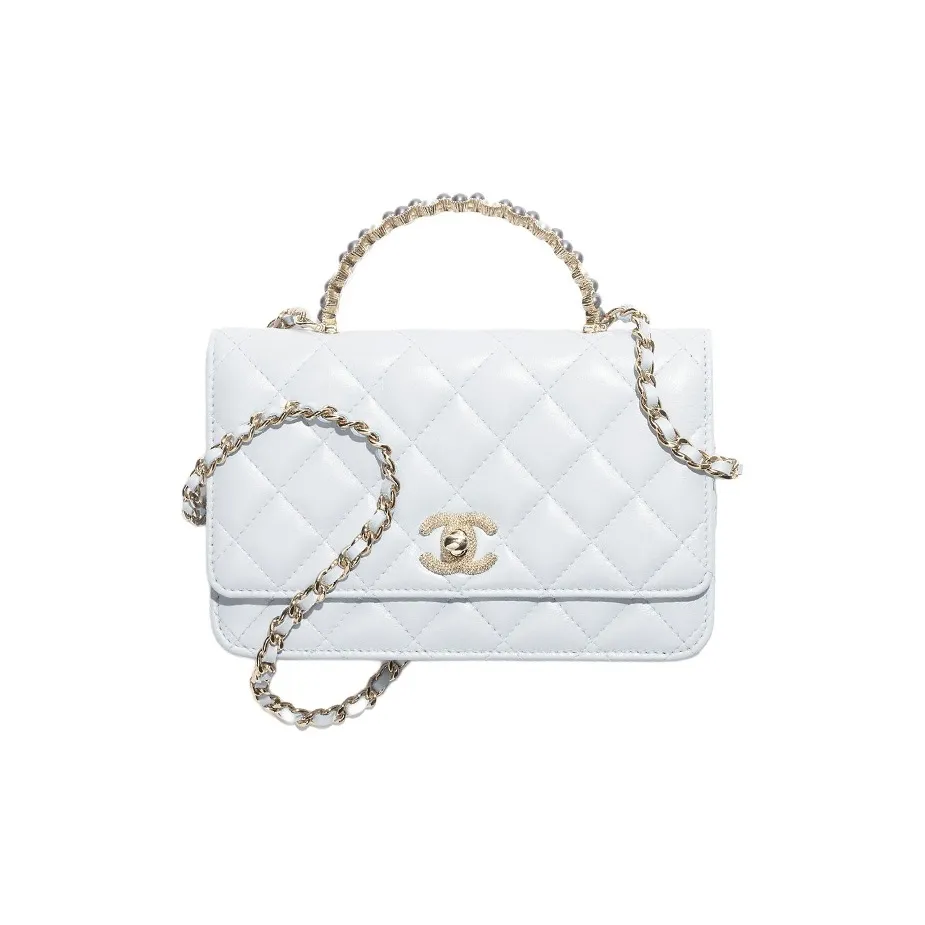 CHANEL Bright Crinkle Lambskin Artificial Pearl Metal Shoulder Bag, Crossbody Bag, Handbag Women's Light Gray