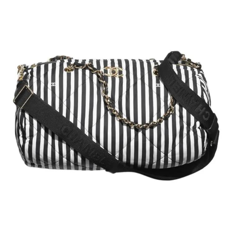 CHANEL Canvas Material Gold Metal Bowling Bag, Handbag, Shoulder Bag Tubas Women's White Black