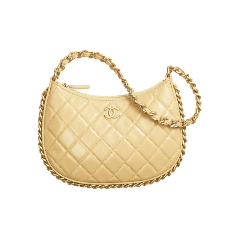 CHANEL Lambskin Hobo Bag, One Shoulder Handbag Women's Yellow