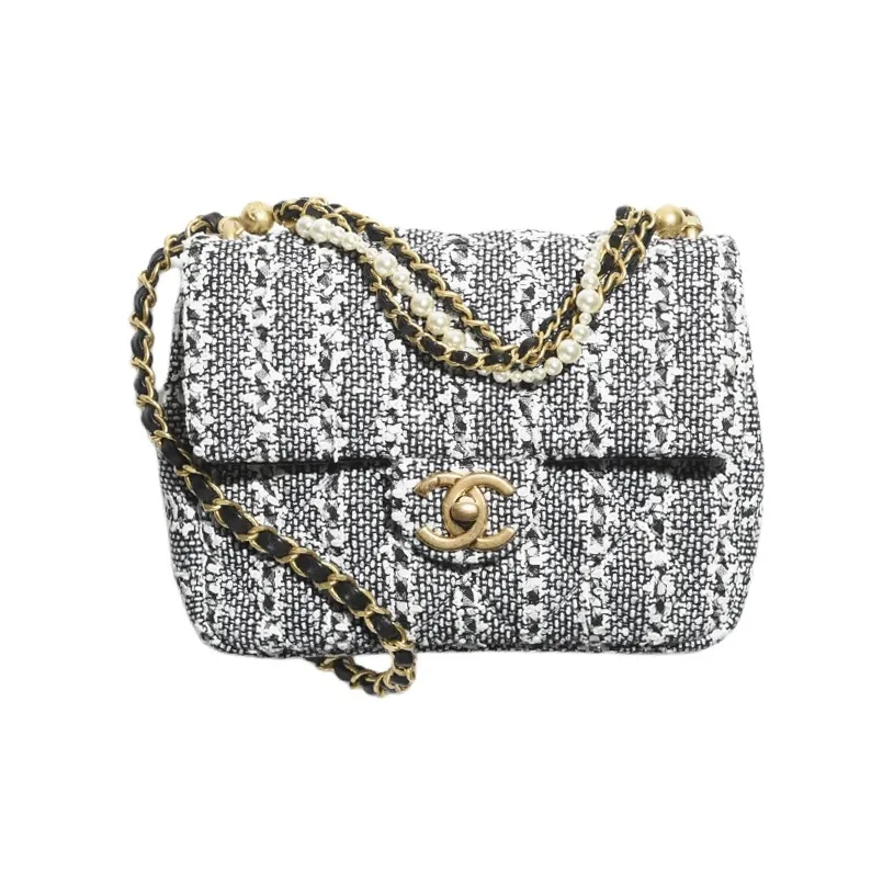 CHANEL Twill Soft Woolen Artificial Pearl Flap Bag, Shoulder Bag, Crossbody Bag Mini Women's White & Black & Silver