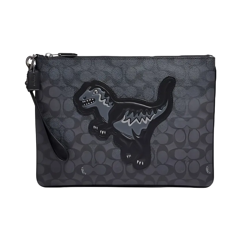COACH Pouch Cow Leather Clutch Tubas Men's Charcoal Gray