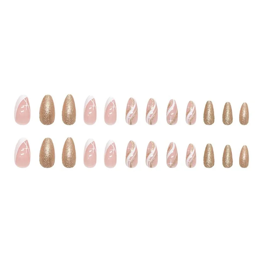 XUNQIANSE Almond French Ripple Glitter Pattern Наклеивающийся Ногтевой Патч False Nail Овальный Розовый Смужка Flashing 24 шт