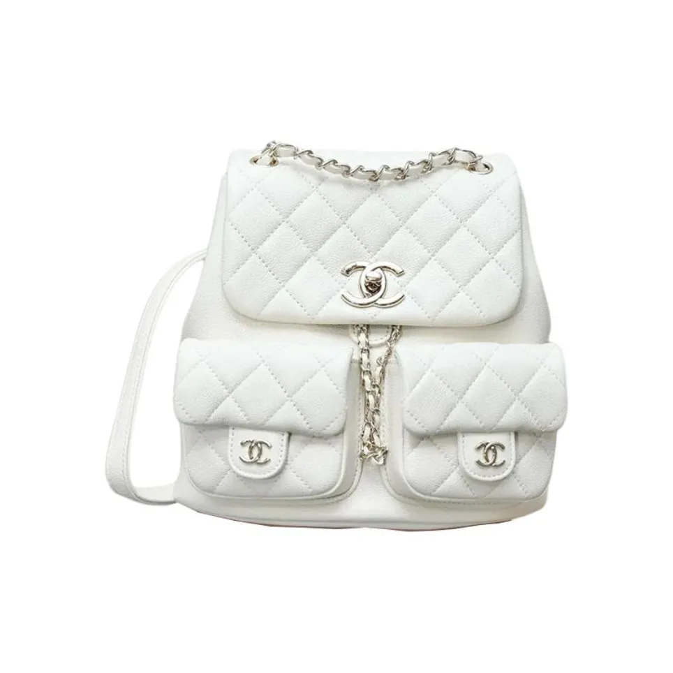 CHANEL Litchi Grain Cow Leather Backpack Women's White