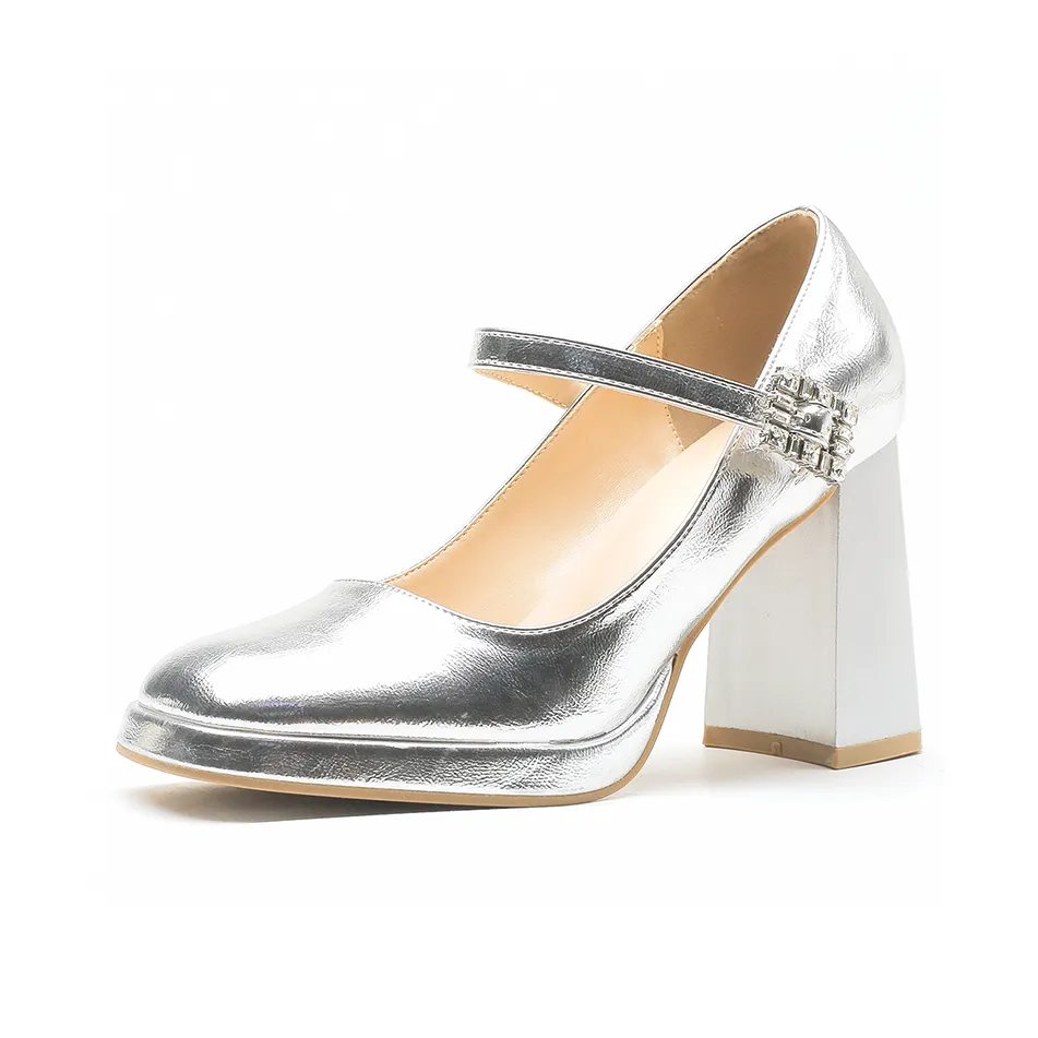 GOSO Грубый каблук Туфли Мэри Джейн Женские Серебряные