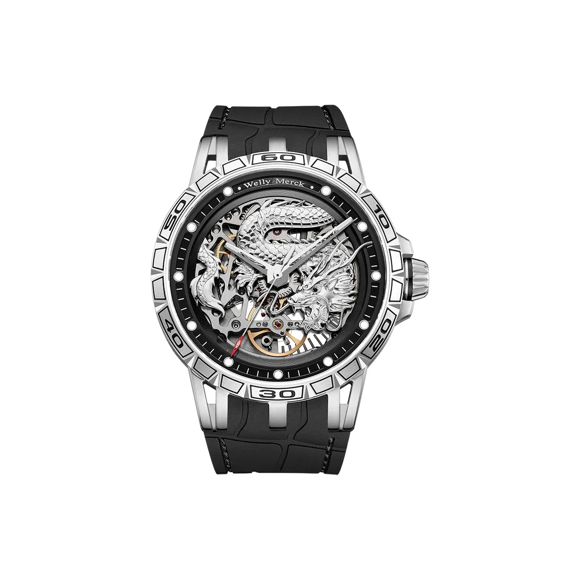 Welly Merck Dragon Series Автоматический Механический Механизм Резиновый Ремешок Часы Мужские Часы Серебристый Циферблат