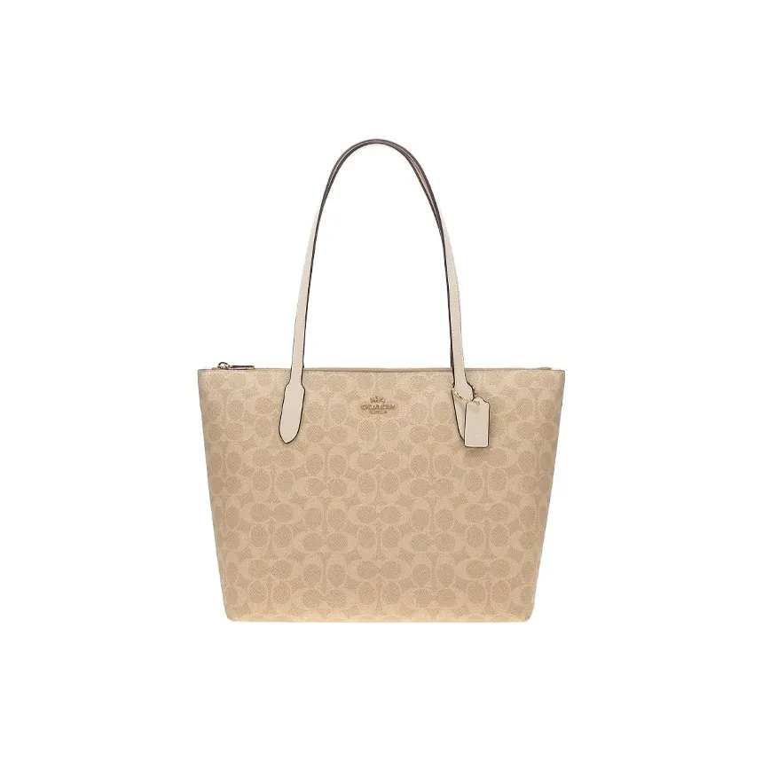 COACH Zip Top Tote Сумка из искусственной кожи Сумка для покупок Сумка Сумка через плечо Средняя Женская Бежевая