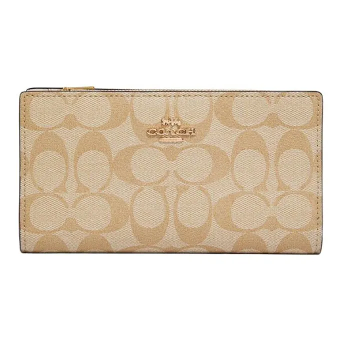 COACH Slim Wallet Canvas With Leather Clutch Wallet Trumpets Women's Dark Khaki