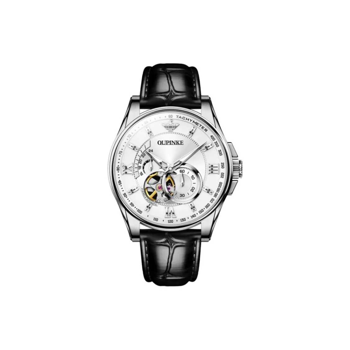 Oupinke Gaias Collection Cut Out Fly Reel Mechanical Movement Leather Strap Watch Men's Watches White Dial