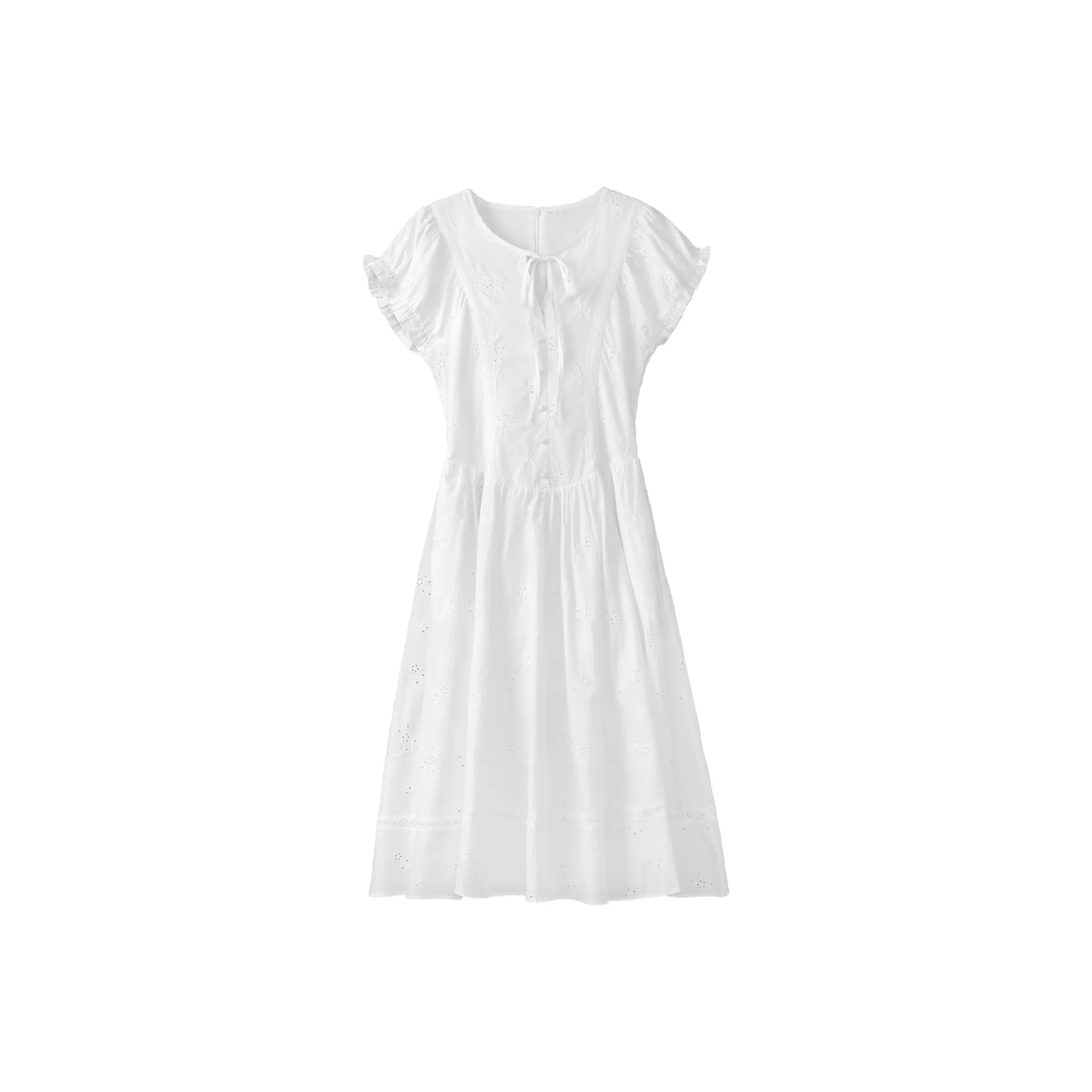 Fstudio Лето Корейский стиль Наушники Вышивка V-образный вырез 100% хлопок Рукав-буф Короткий рукав Платье Женское