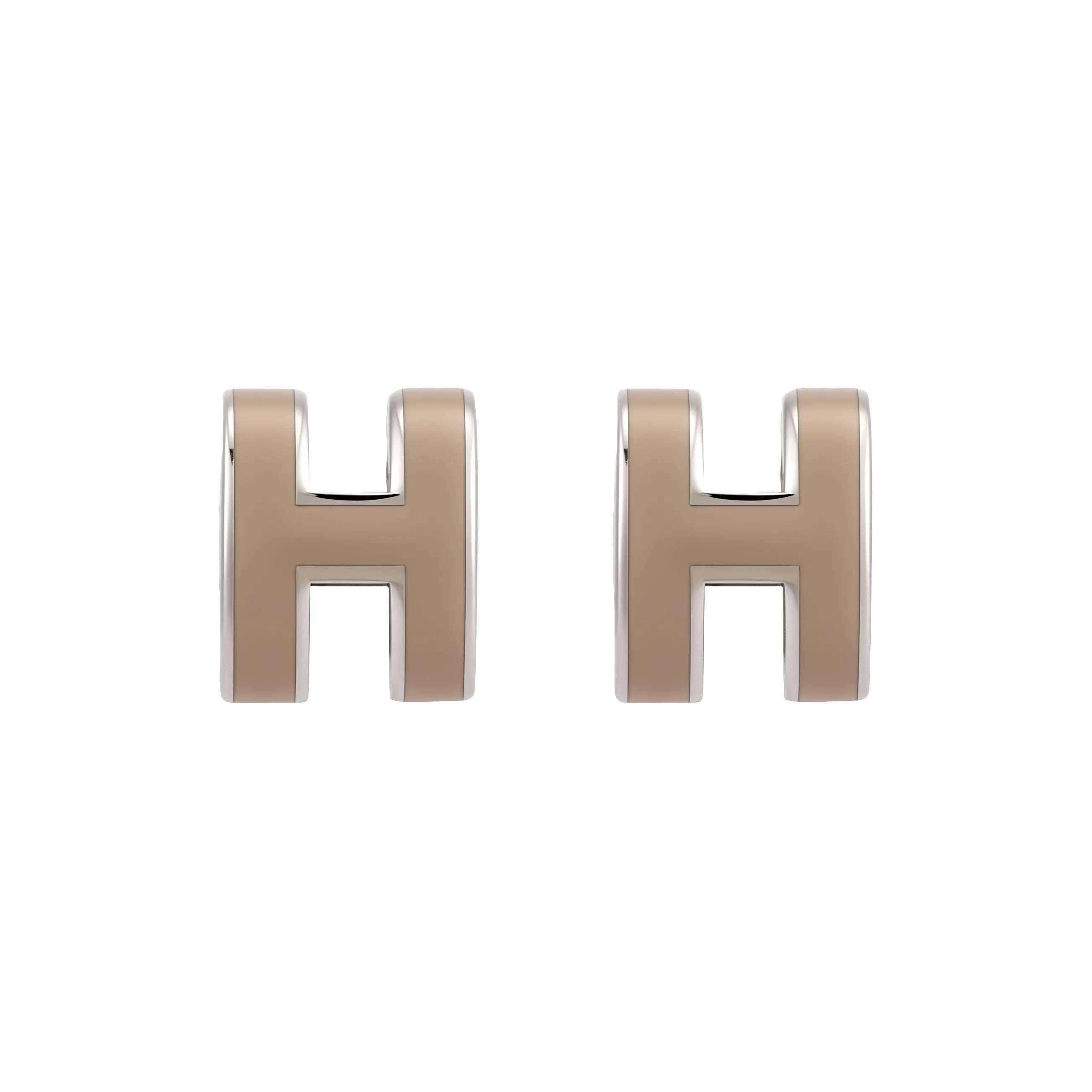 HERMES Lacquered Metal Stud Earrings Women's Ice Brown Silver Trim