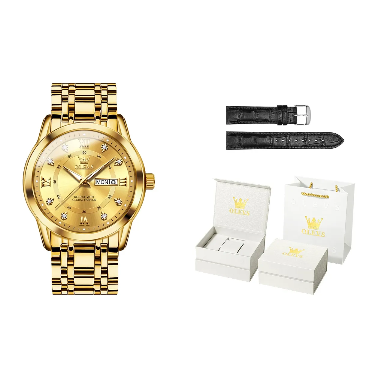 OLEVS Кварцевый механизм ремешок из нержавеющей стали мужские часы золотой циферблат