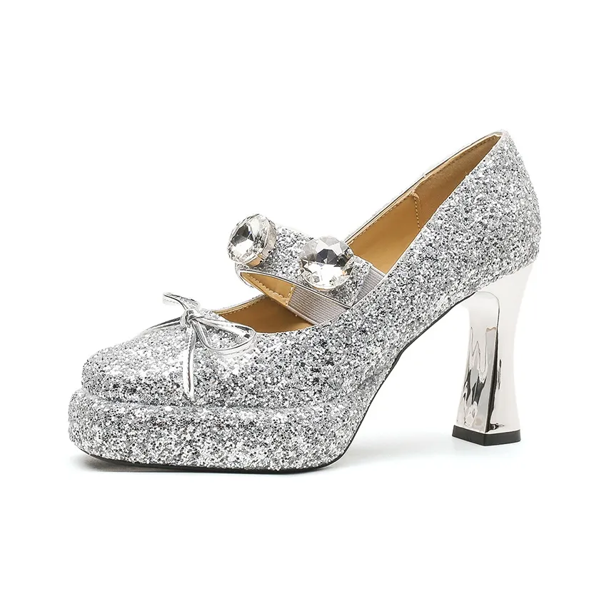 YAFEI XUANYU Грубый каблук Туфли Мэри Джейн 9CM Женские Серебряные