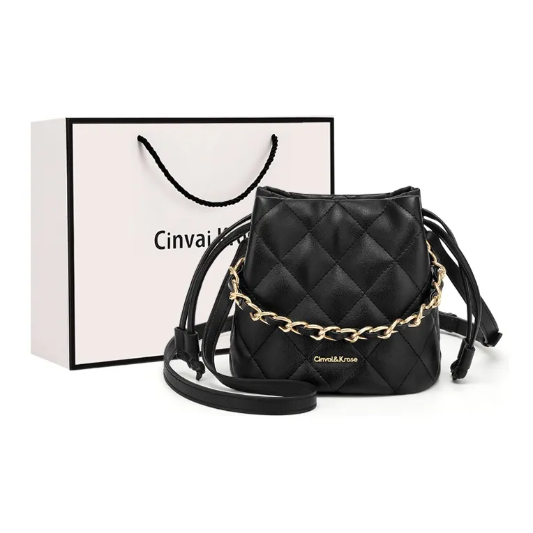 CinvaiKrose Cow Leather Synthetic Leather Crossbody Bag Shoulder Bag Portable Bucket Bag Small Size Women's Black/Ecru