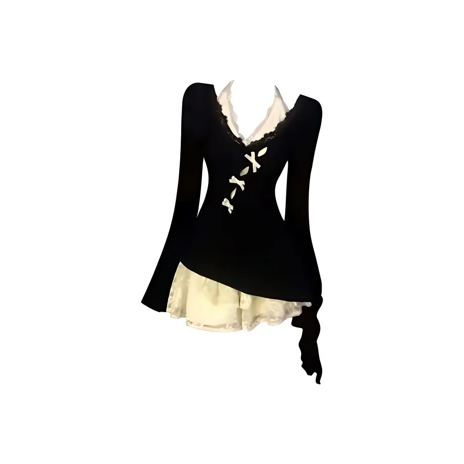 Lookinto Комплект с юбкой Женские Черный [Кардиган + Абрикосовое платье]