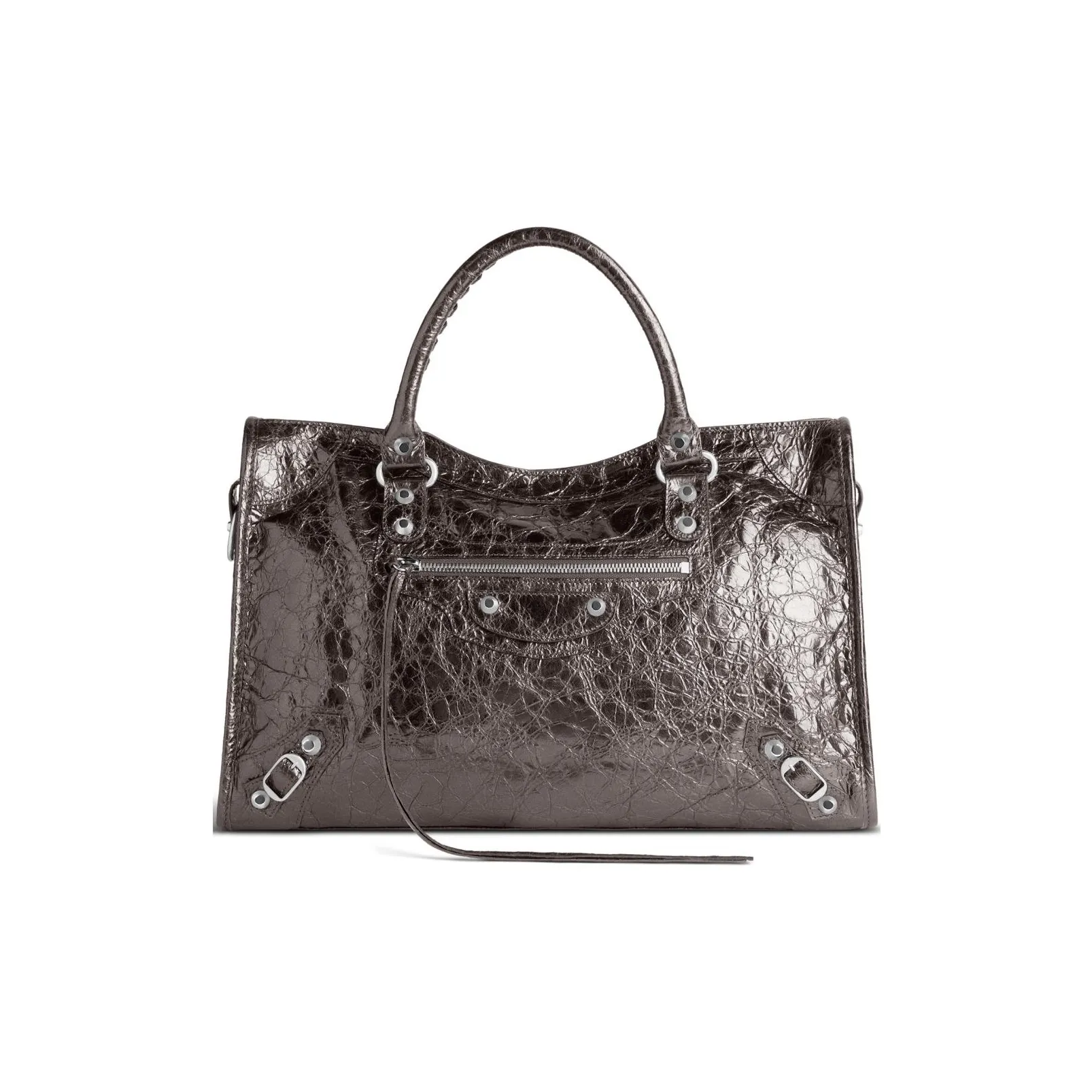 Balenciaga Le City Medium Bag In Steel Grey Metallized Arena Lambskin Shiny Silver Hardware Steel Grey