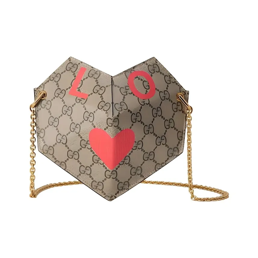 GUCCI GG Supreme Canvas With Leather Heart Shaped Bag, Crossbody Bag, Shoulder Bag Small Size Women's Beige & Ebony