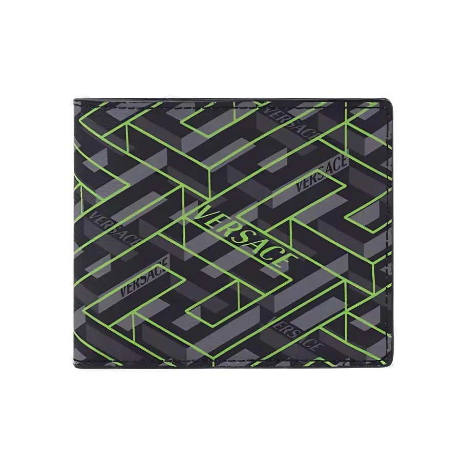 VERSACE La Greca Wallet 6 Card Slots Black/Grey/Green