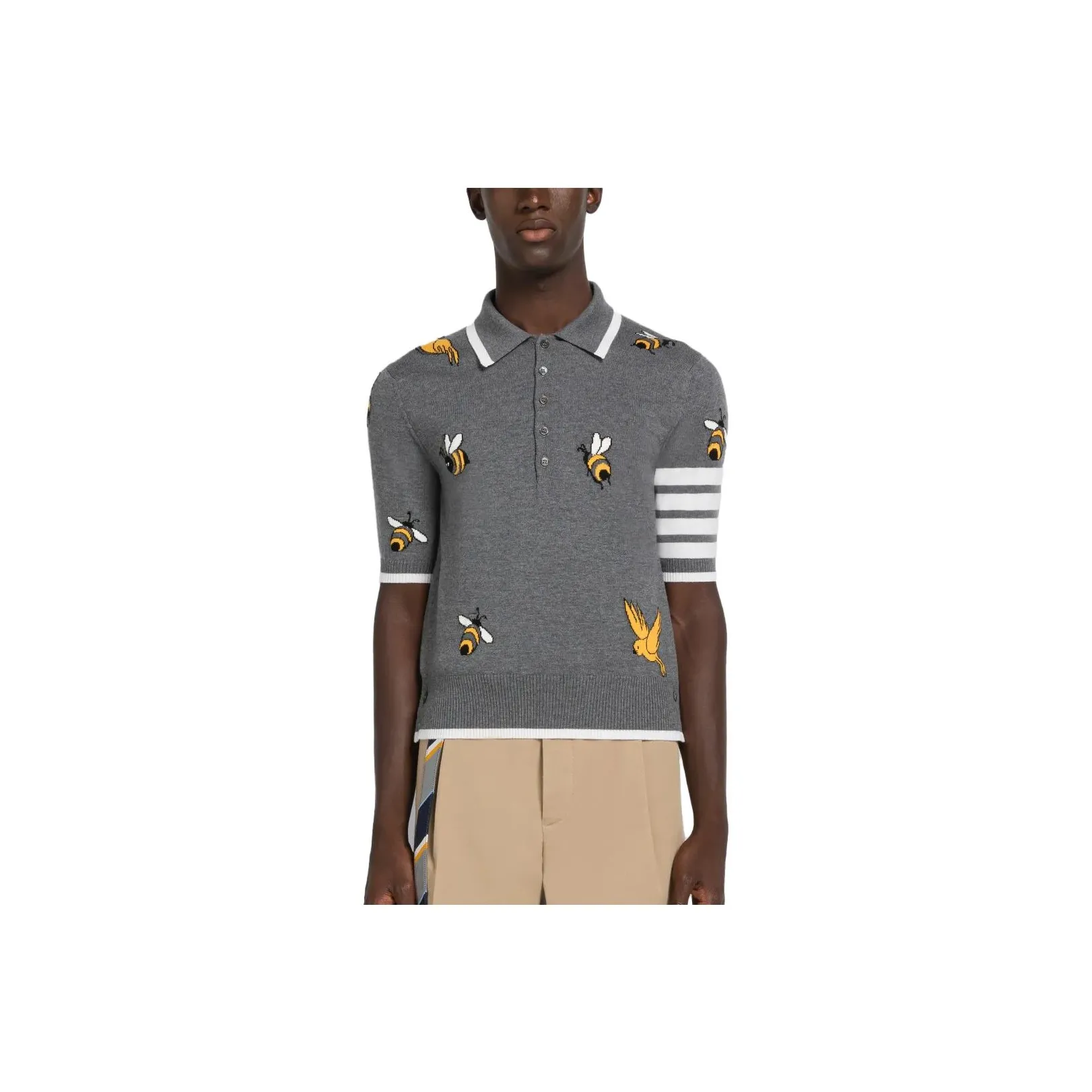 THOM BROWNE 4 Bar Birds Bee Intarsia Knitted Polo Shirt