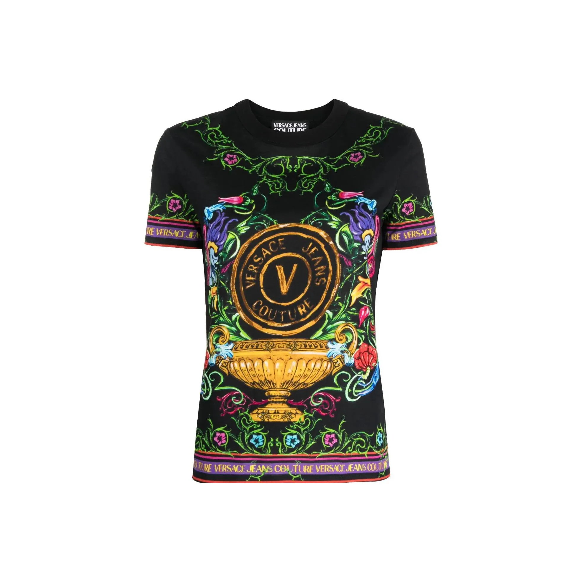 VERSACE JEANS COUTURE Women's V-Emblem Garden-print T-shirt Black