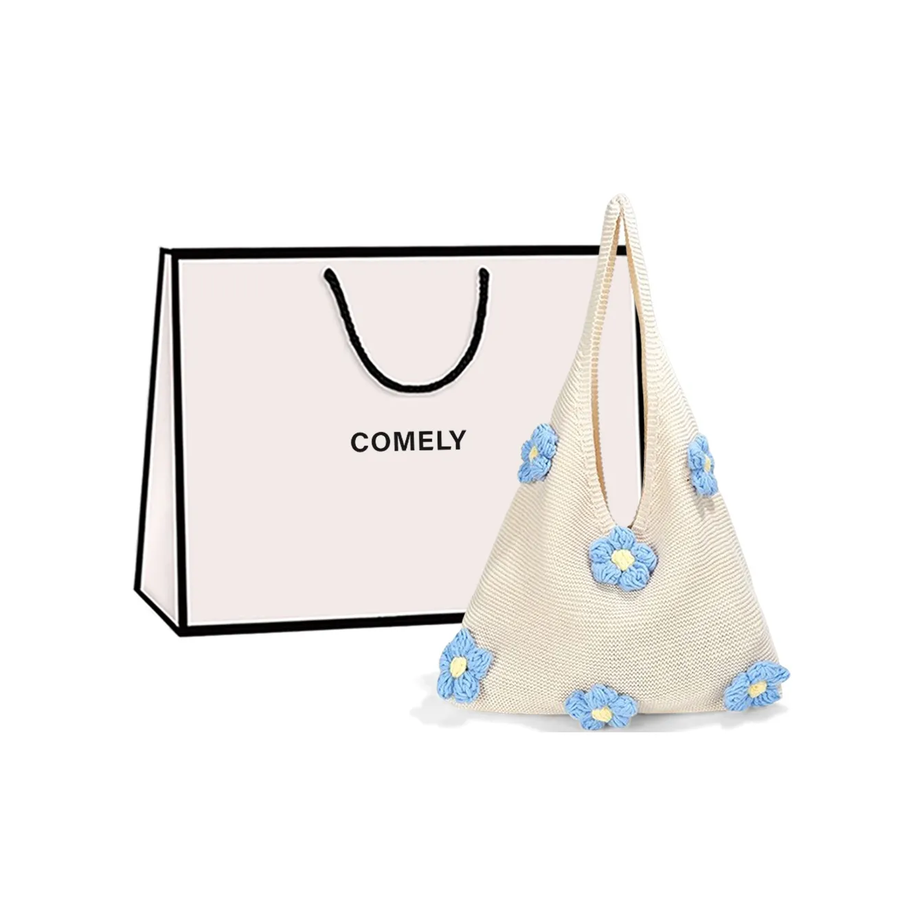 COMELY Ткань Сумка Сумка через плечо Сумка на плечо Стандартная Женская Экрю и Синий Цветочный Экрю и Цветочный