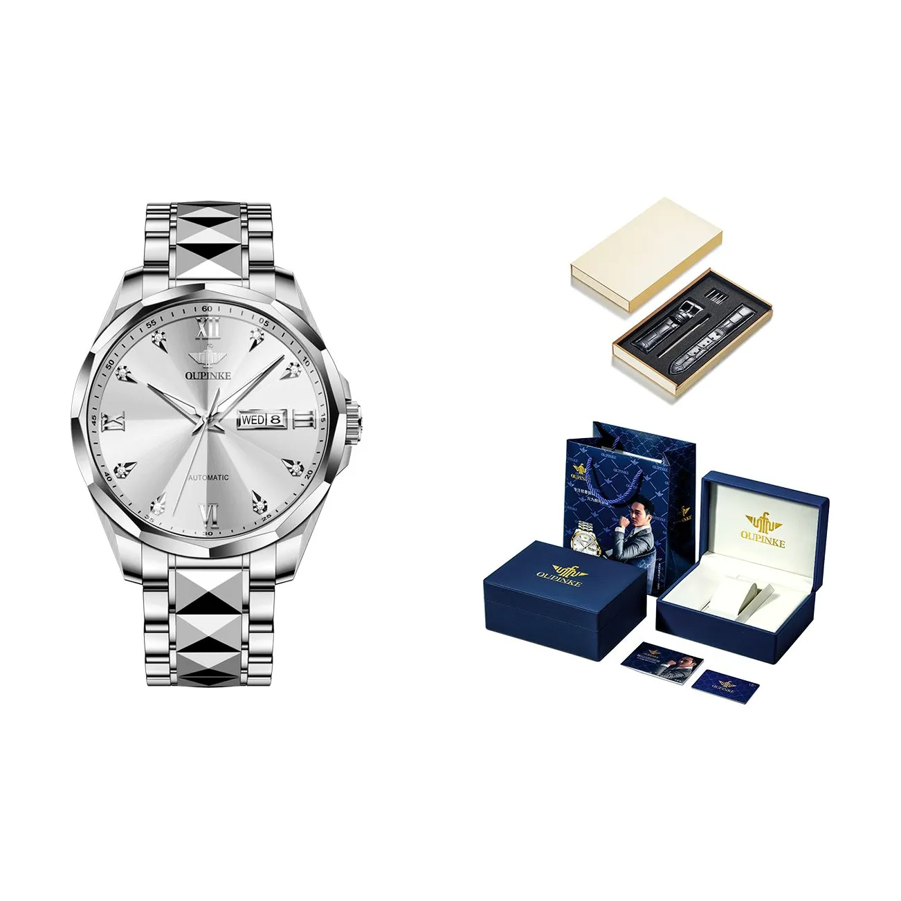 Oupinke Ночной свет 50м Водонепроницаемый Механический механизм Нержавеющая сталь Ремешок Часы Мужские Белый циферблат