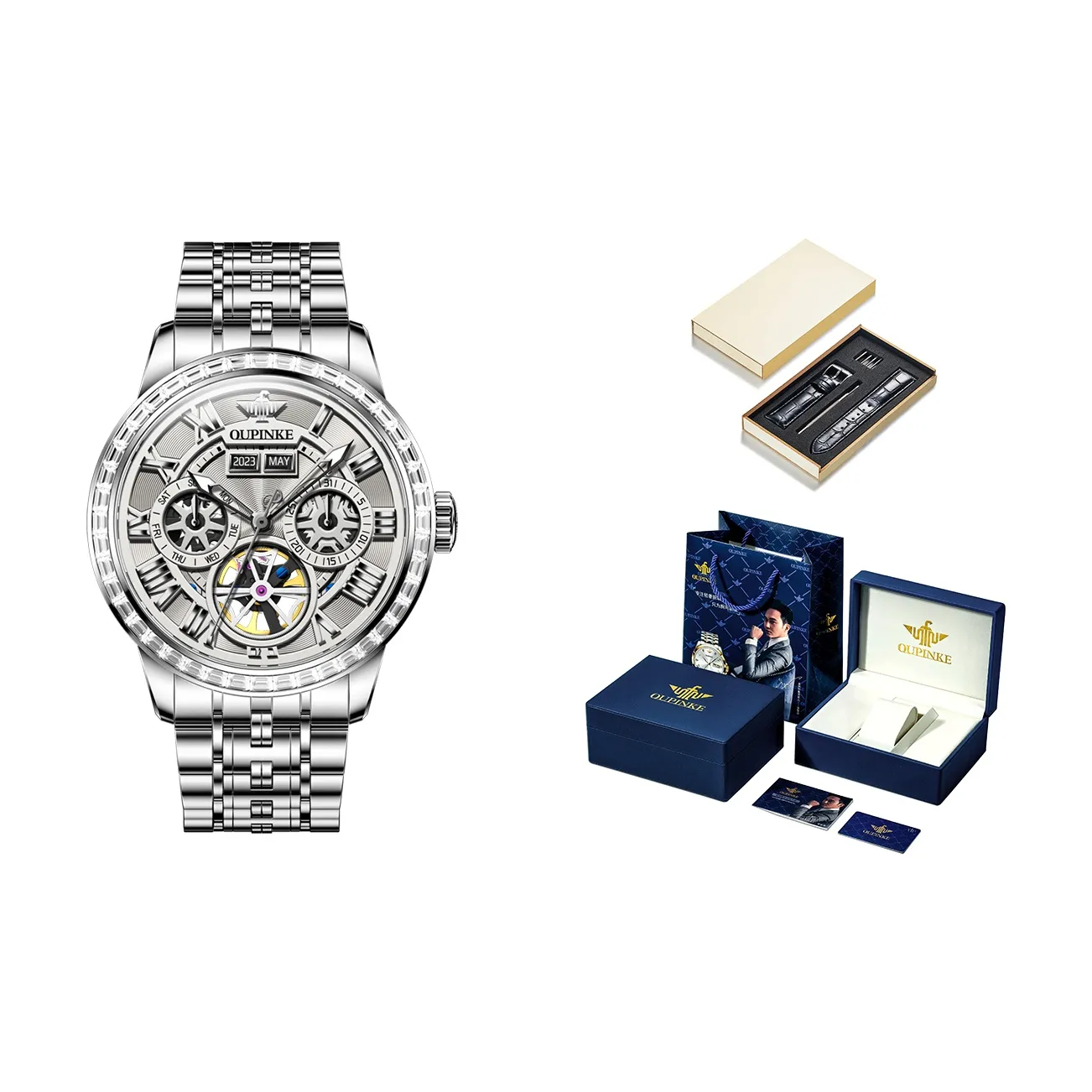 Oupinke Trendy Collection Automatic Mechanical Movement Stainless Steel Watchband Watch Men's Watches Gray Dial