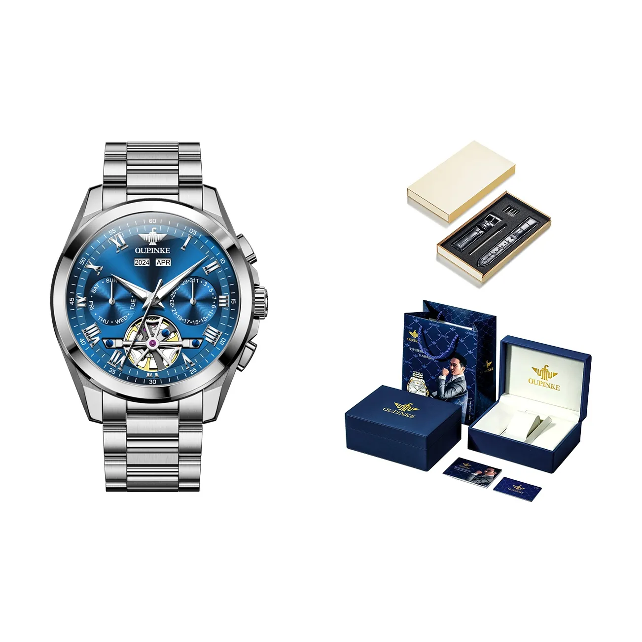 Oupinke Ночной свет Водонепроницаемый Луна Phase Механический механизм Ремешок из нержавеющей стали Часы