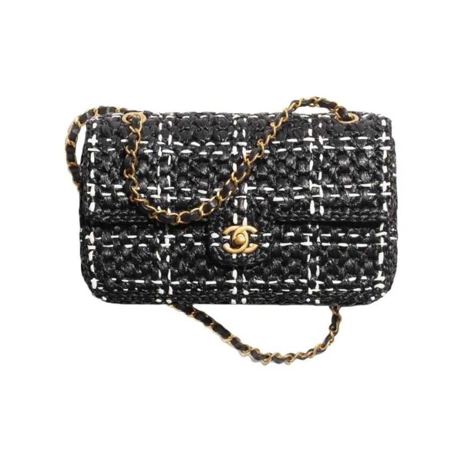 CHANEL Straw Woven With Woolen Shoulder Bag, Crossbody Bag Women's Black/White