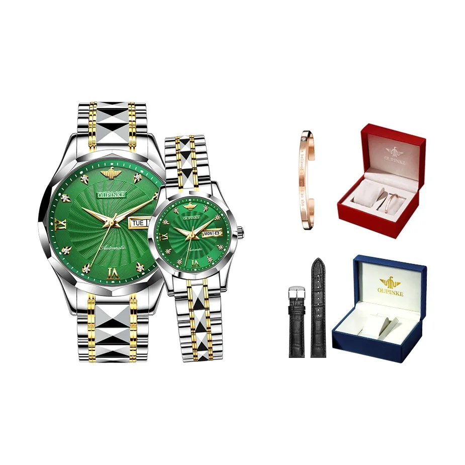 Oupinke Gaias Collection Couple's Watch 1 Pair Mechanical Movement Stainless Steel Watchband Watch Unisex White Dial