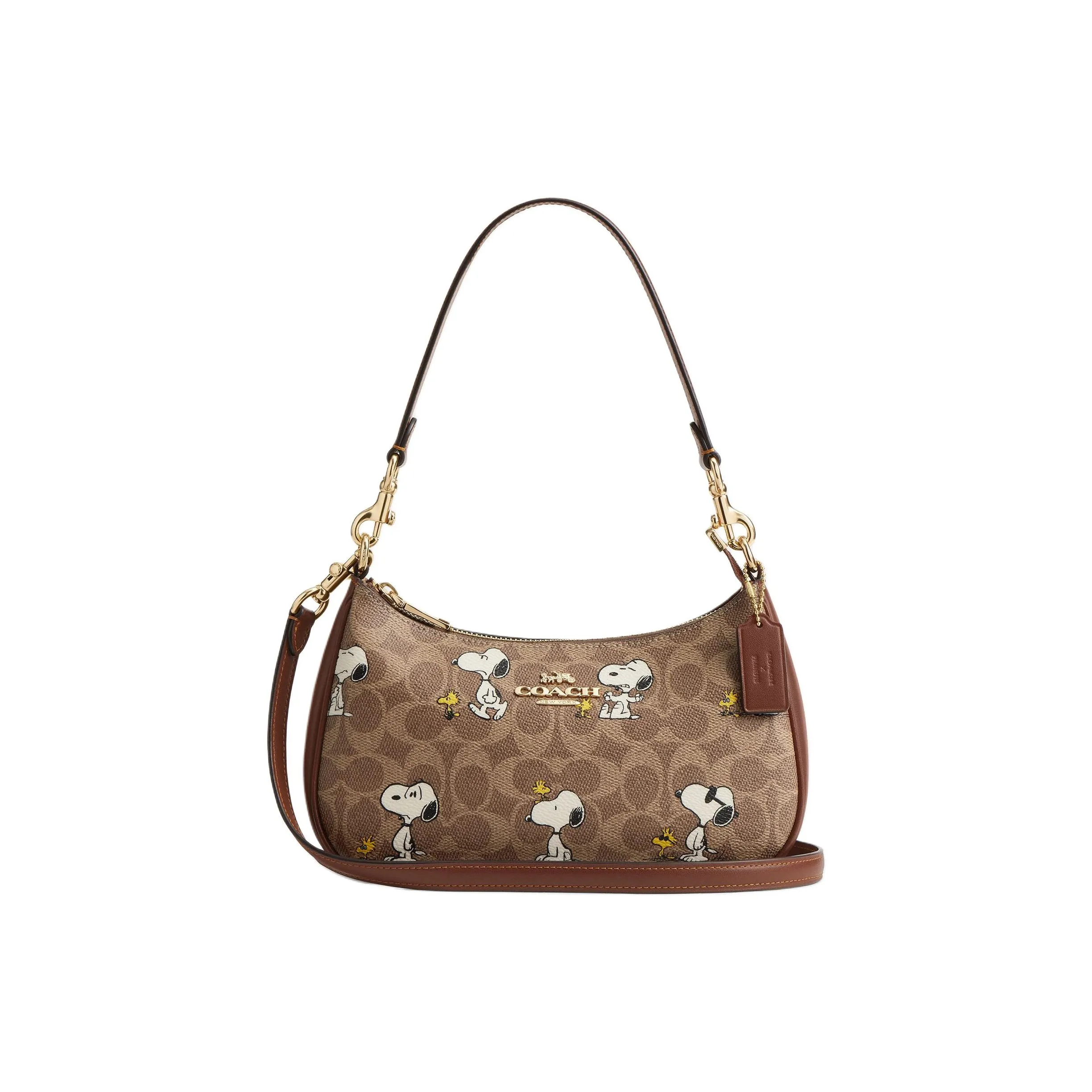 COACH Покрытый холст плечо сумка средний размер женский коричневый