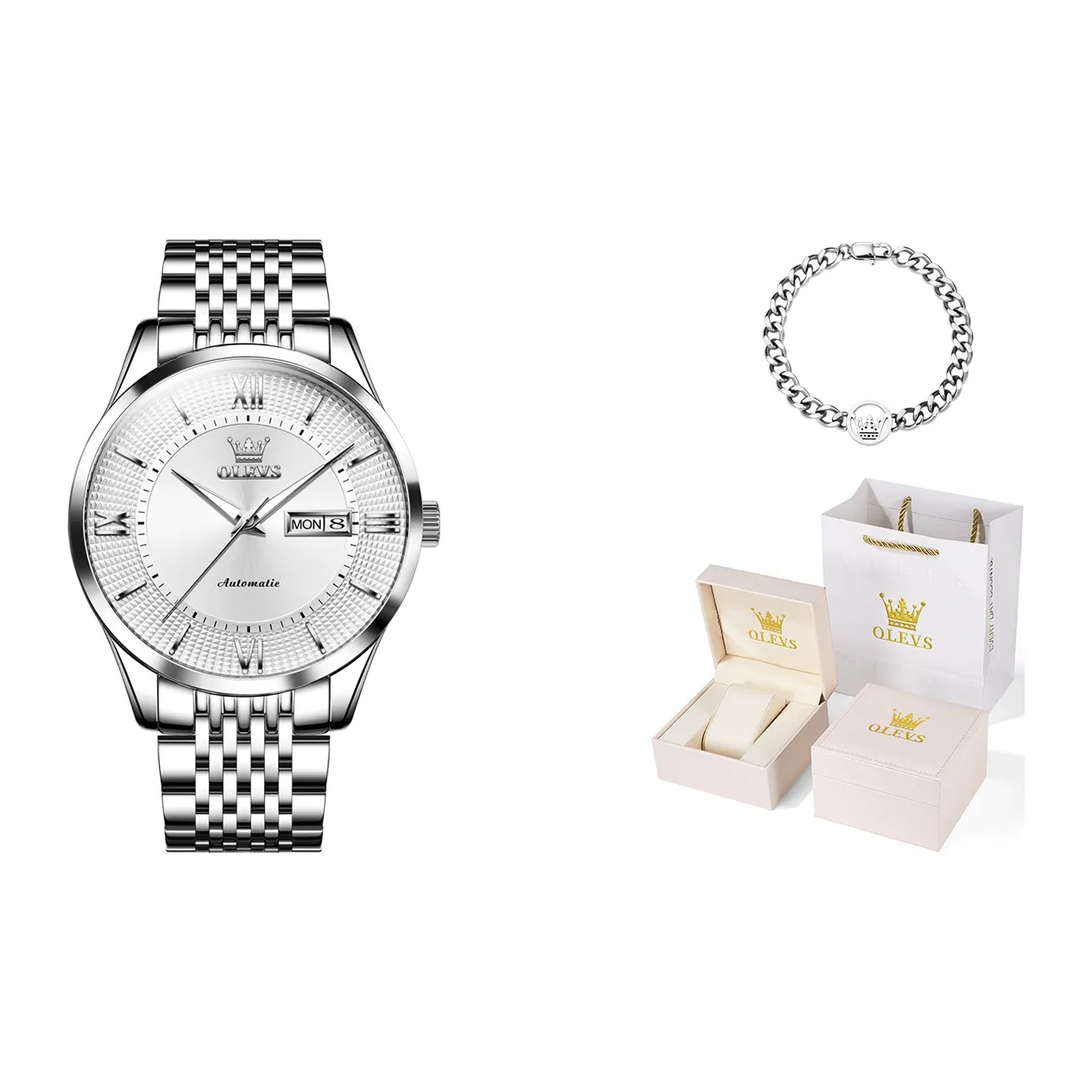 OLEVS Minimalist Series Механический механизм ремешок из нержавеющей стали мужские часы белый циферблат