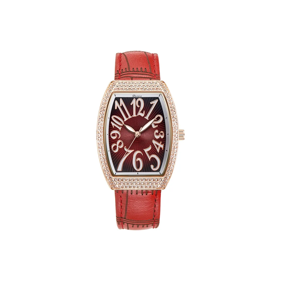 DAVENA Free Time Series Кварцевый механизм Естественная кожа Ремешок Часы Женские Красный циферблат часов