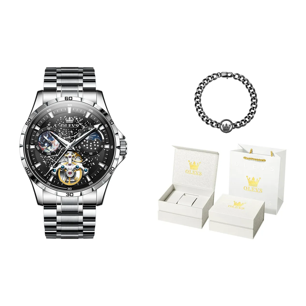 OLEVS Play The Cool Series Automatic Mechanical Movement Stainless Steel Watchband Watch Men's Watches Black Dial